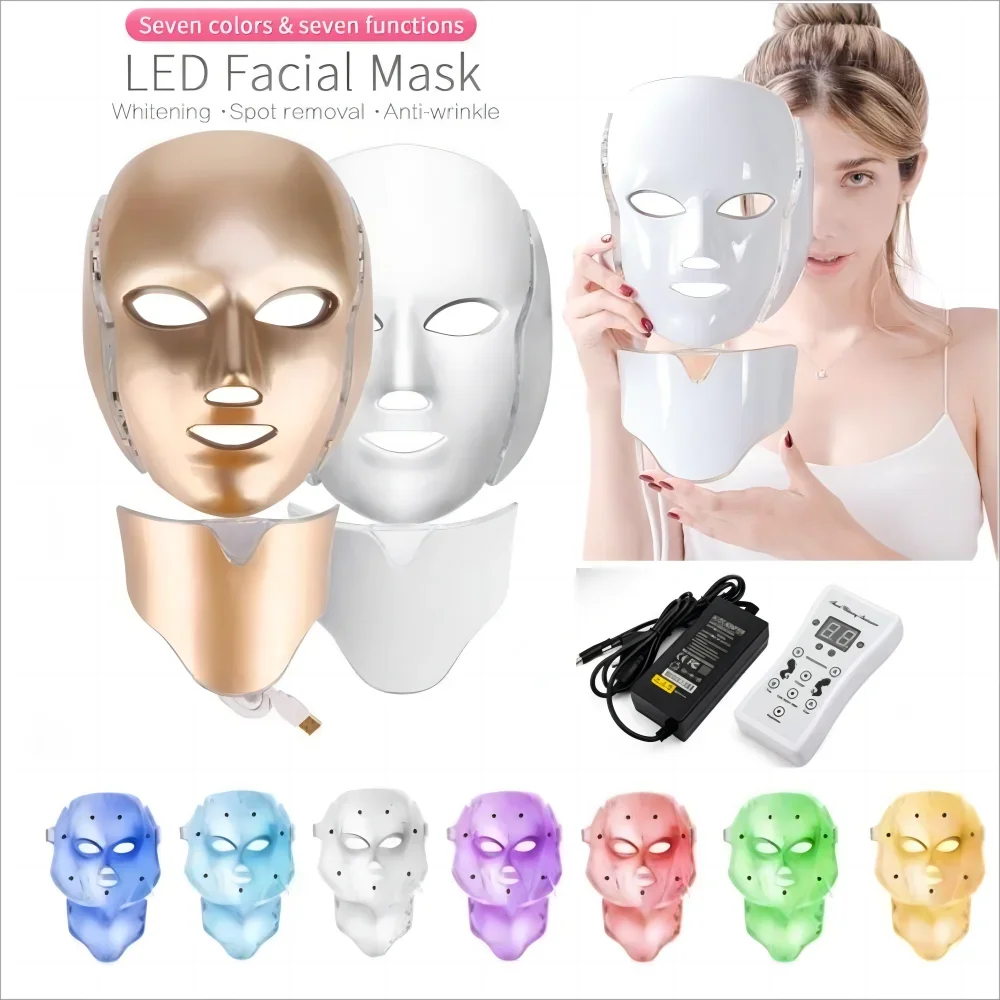 7-color LED facial mask, with neck light treatment facial , skin regeneration, anti acne beauty equipment, and firmin