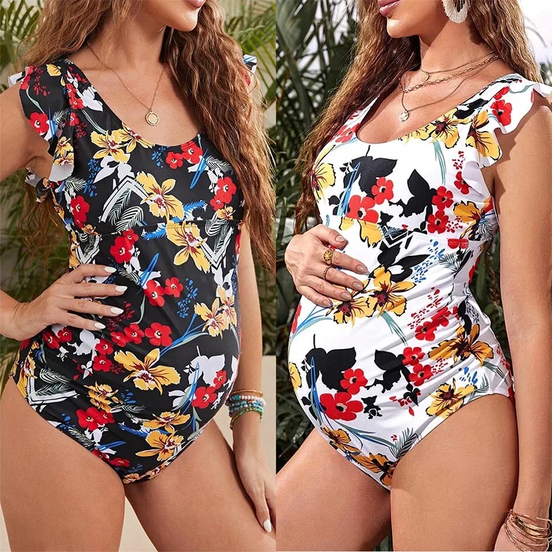 

Pregnant Woman Sexy Swimsuit Maternity Solid Backless Bikinis Falbala Ruffle Beachwear New Summer Women One-piece Swimming Suit