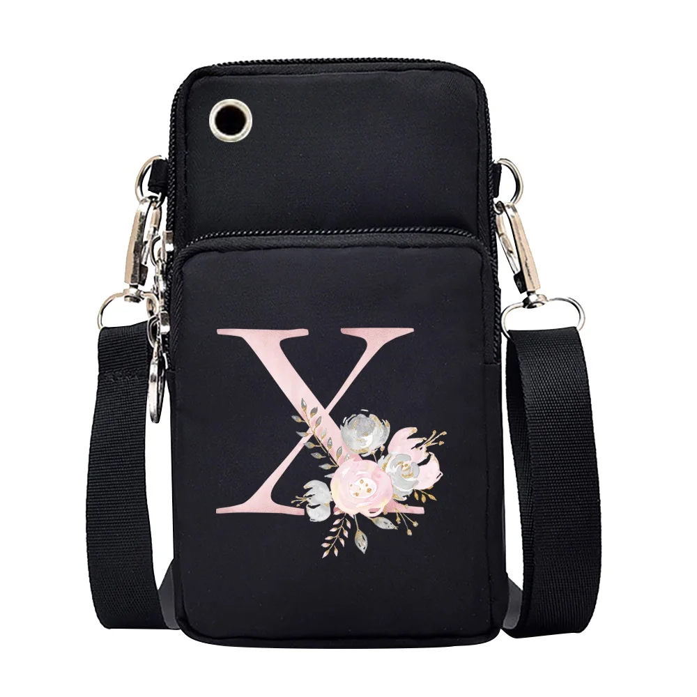Waterproof Mobile Phone Bag for Iphone/huawei/xiaomi/samsung Universal Pink Flower 26 Letters Cell Phone Case Women Wrist Pack