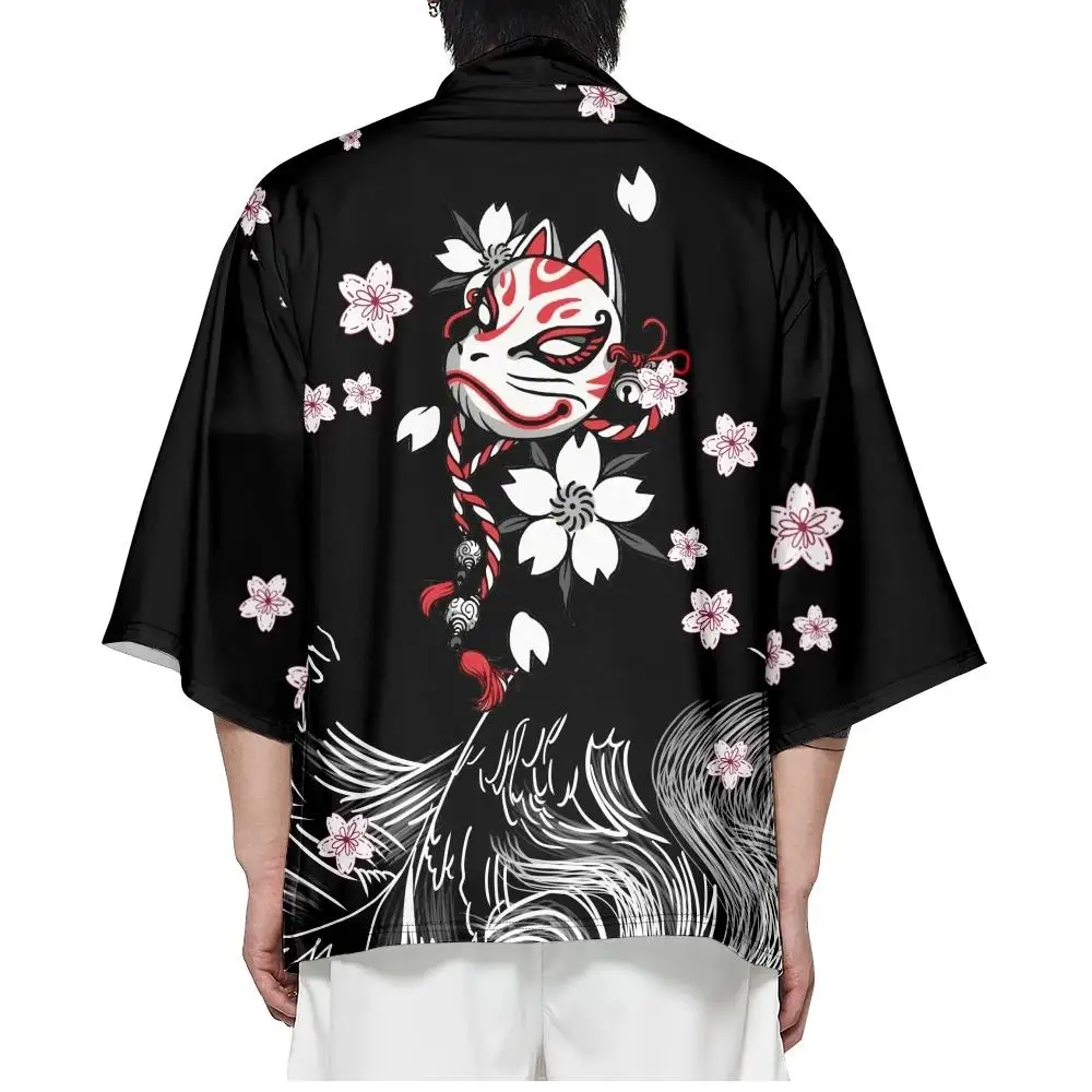 

Japanese Anime Fox Print Kimono Streetwear Men Women Cardigan Robe Female Traditional Clothing Black Yukata