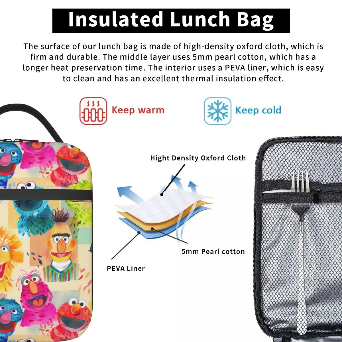 Sesamed Streeted Characters Insulated Lunch Bags Thermal Meal Container Portable Tote Lunch Box Food Handbags School Outdoor