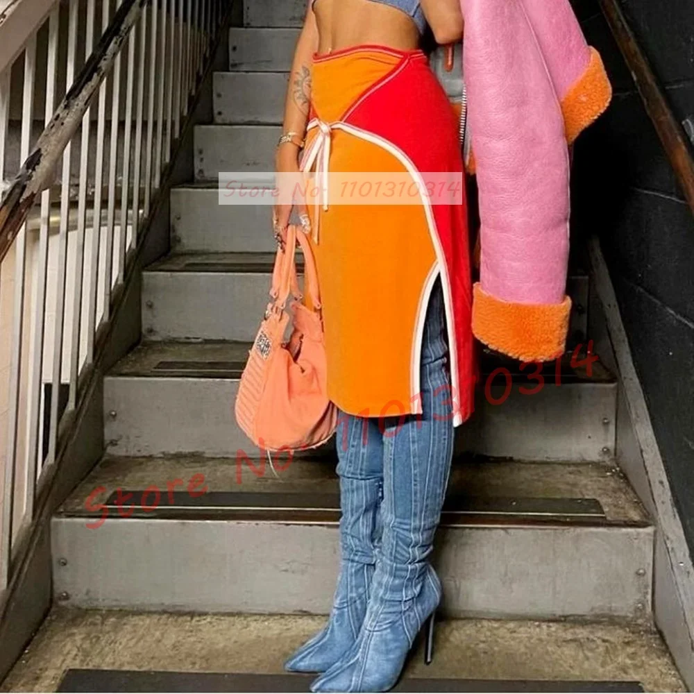 Denim Ince Diz Üzerinde Çizmeler Bayanlar Sivri Seksi Dikey Şerit Tasarım Yüksek Ince Topuklu Ayakkabılar Rahat Sokak Kadın Modern Çizmeler