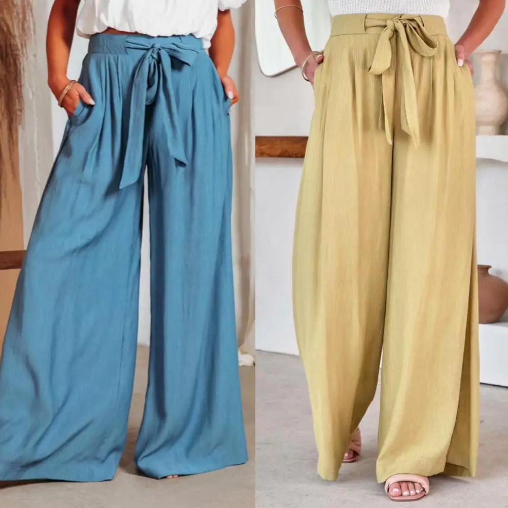 

Casual Pants High-Waist Lady Slacks Elastic Waistband Women Pants Pockets Long Pants Solid Color Oversized Wide Leg Pants
