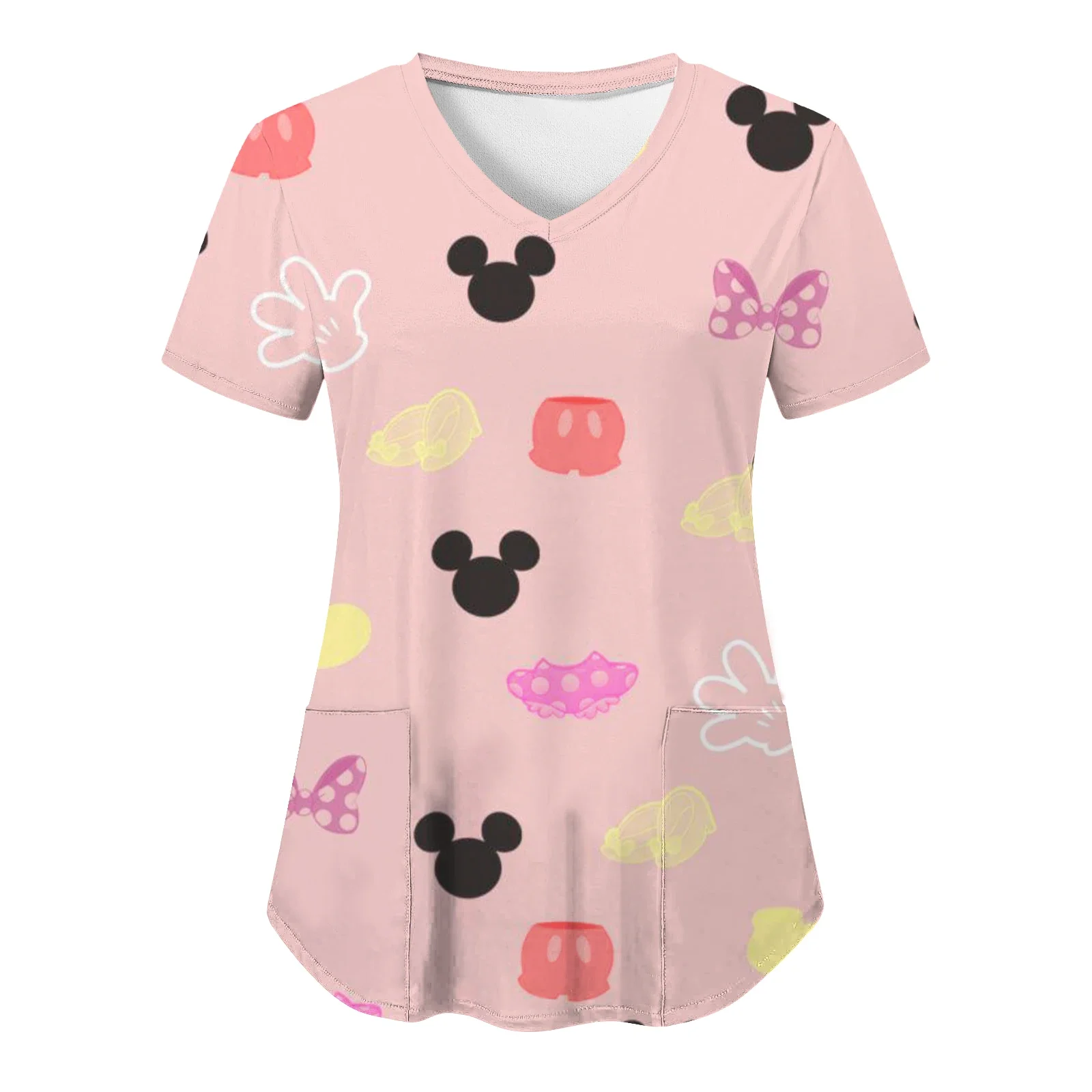 Miniso Minnie Mouse T-shirts V Neck Woman Clothes Hospital Tops Disney Top Women 2024 Nurse Uniform T-shirt Pocket Summer Tees 6