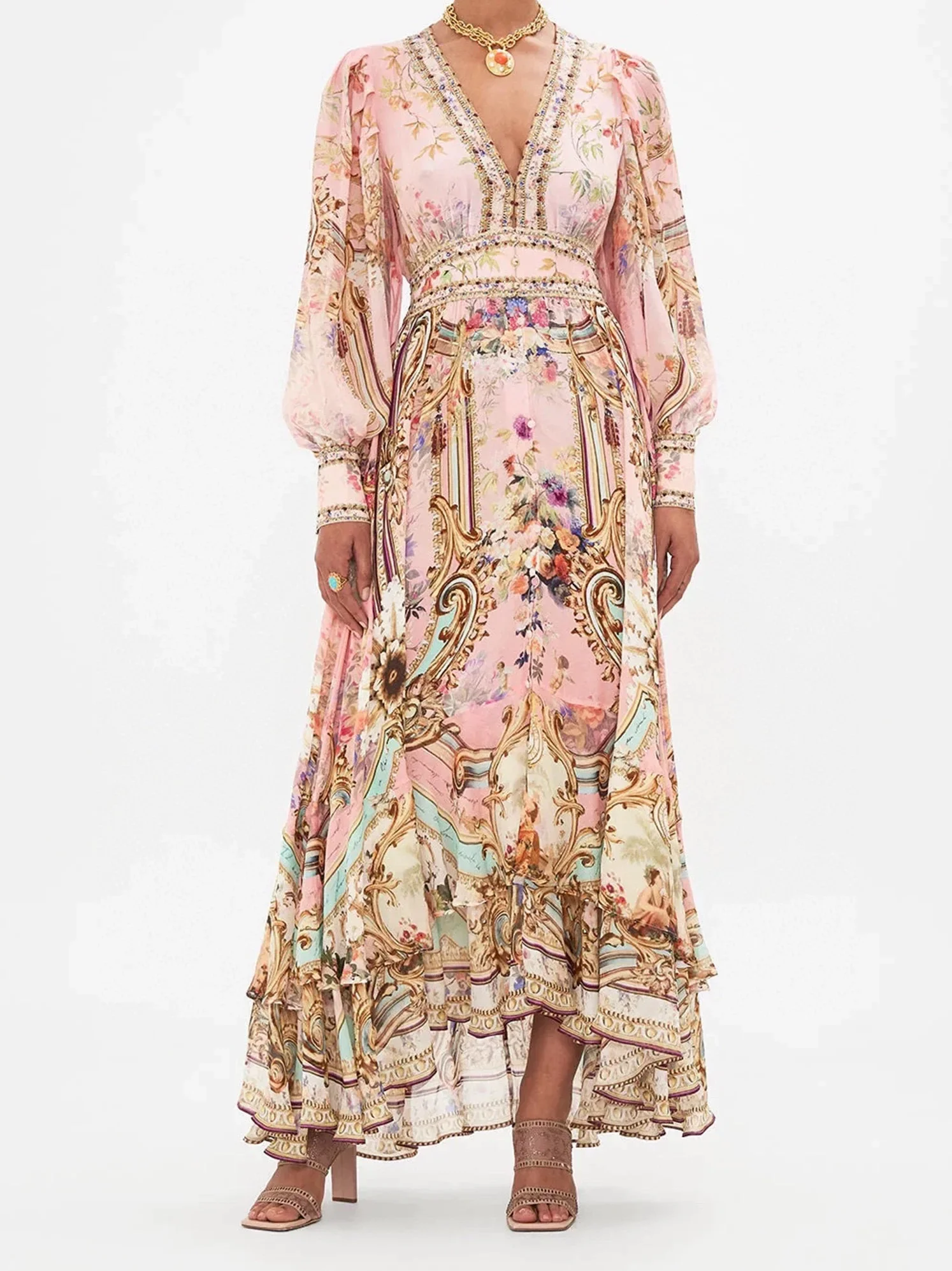 Frida® | Pink boho dress with V-neck main image 0