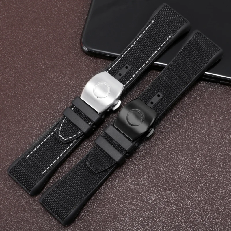 28mm High Quality Nylon Genuine Leather Silicone Watchband Black Blue Folding Buckle Watch Strap For Franck Muller V45 Series