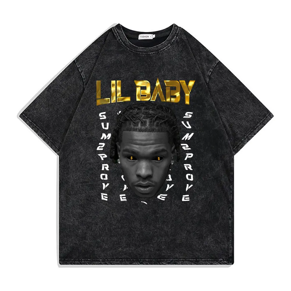 Hip Hop Rapper Wash Vintage Black Lil Baby T Shirt Men's