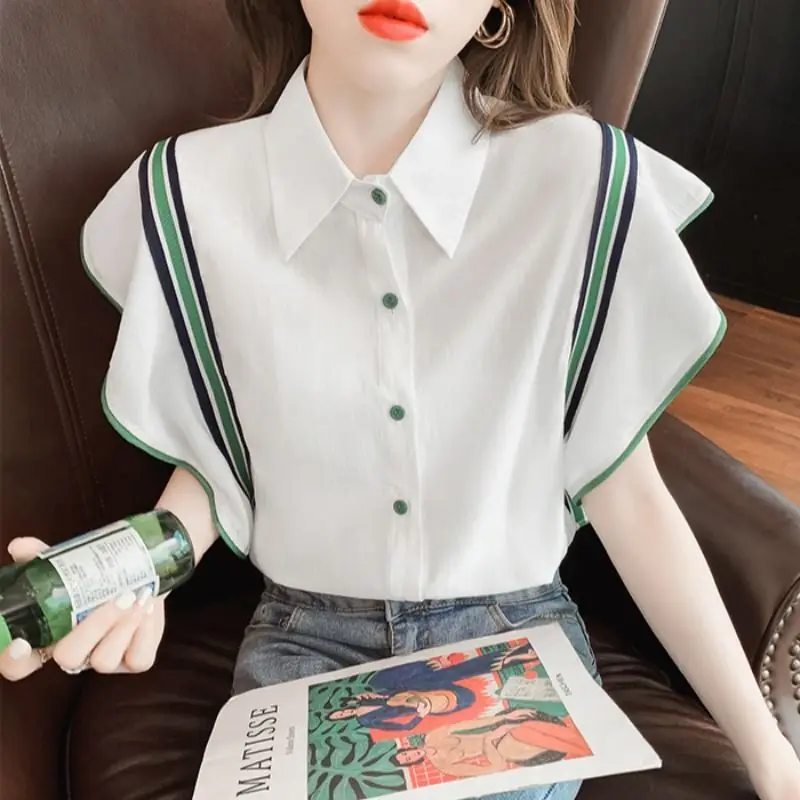 Commute Fashion Bright Line Decoration Shirt Summer Casual Single-breasted Female Clothing Polo-Neck Ruffles Patchwork Blouse