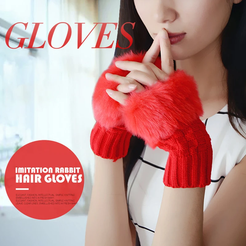 Y2k Style Women's Winter Gloves Faux Fur Knitting Hand Warmer Women Half Finger Gloves Wrist Mittens Writting Arm Wrist Gants