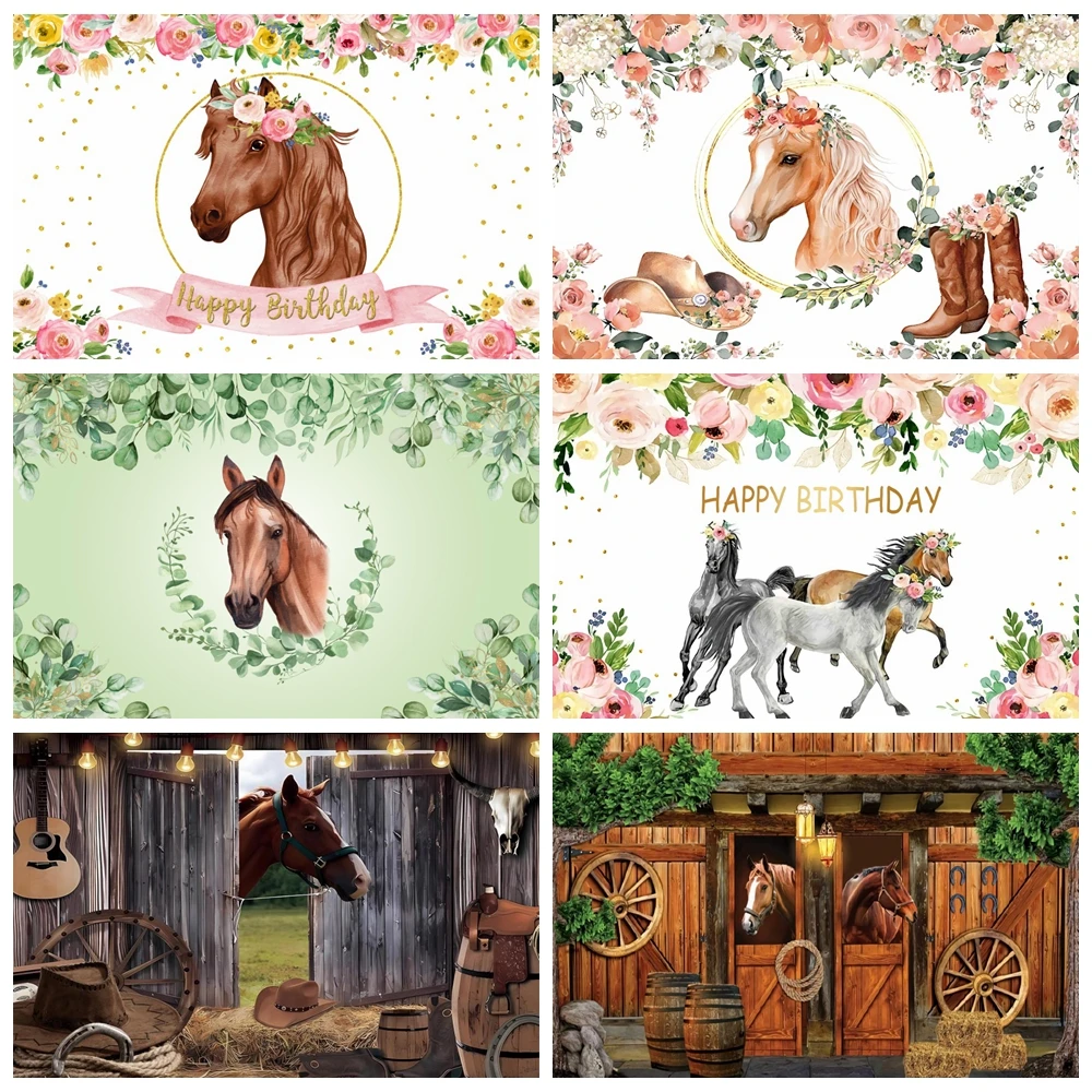 

Cowboy Horse Backdrop Flowers Western Farm Cowgirl Birthday Party Baby Shower Kids Portrait Photography Background Photo Studio