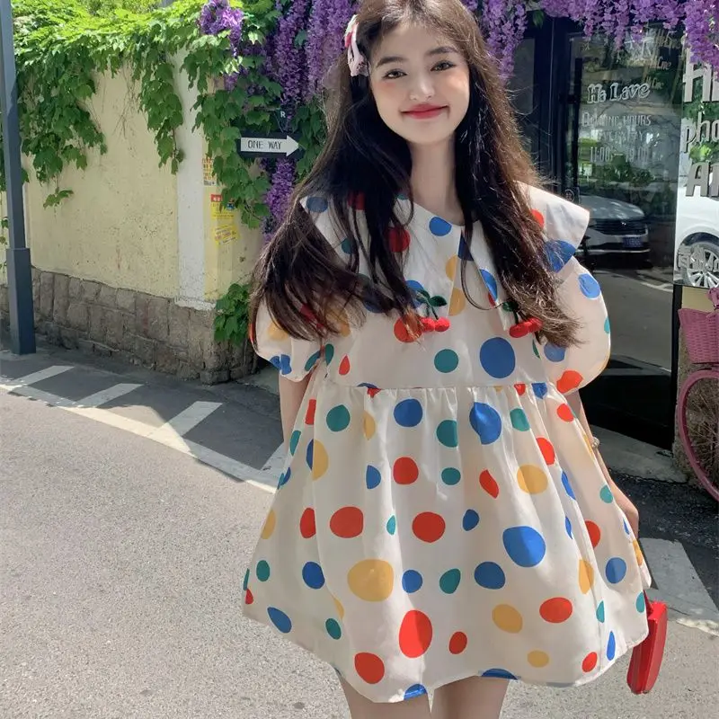 Maternity Tops Sweet Korean Style Peter Pan Collar Short Sleeve Maternity Blouse Long Loose Pregnancy Polka Dot Shirt Pregnant Woman Dress