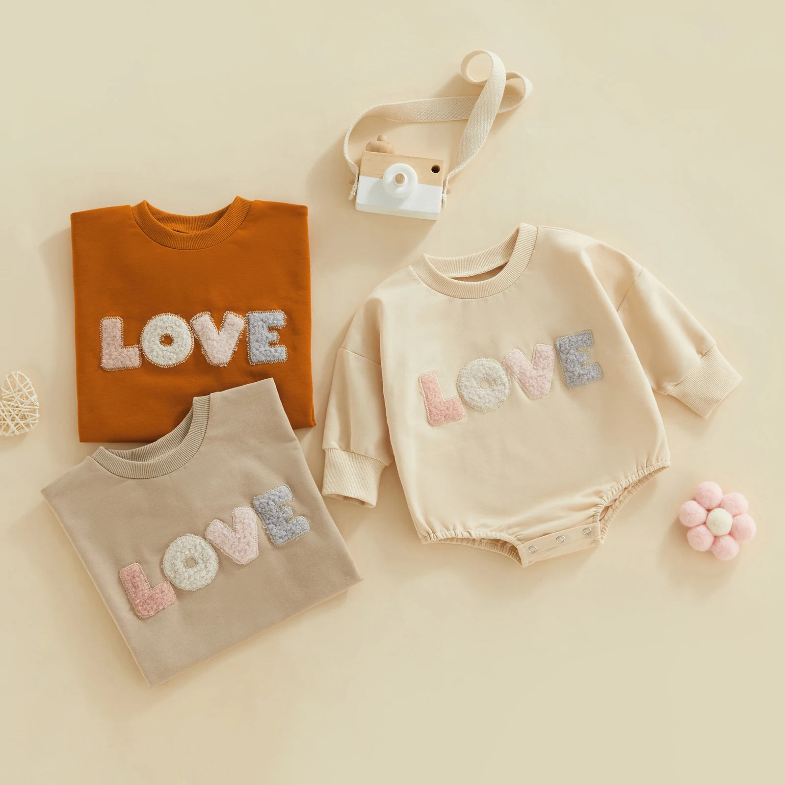 

Mildsown Infant Baby Girl Romper Sweatshirt Love Embroider Long Sleeve Bodysuit Crewneck Pullover Valentines Day Outfit Clothes