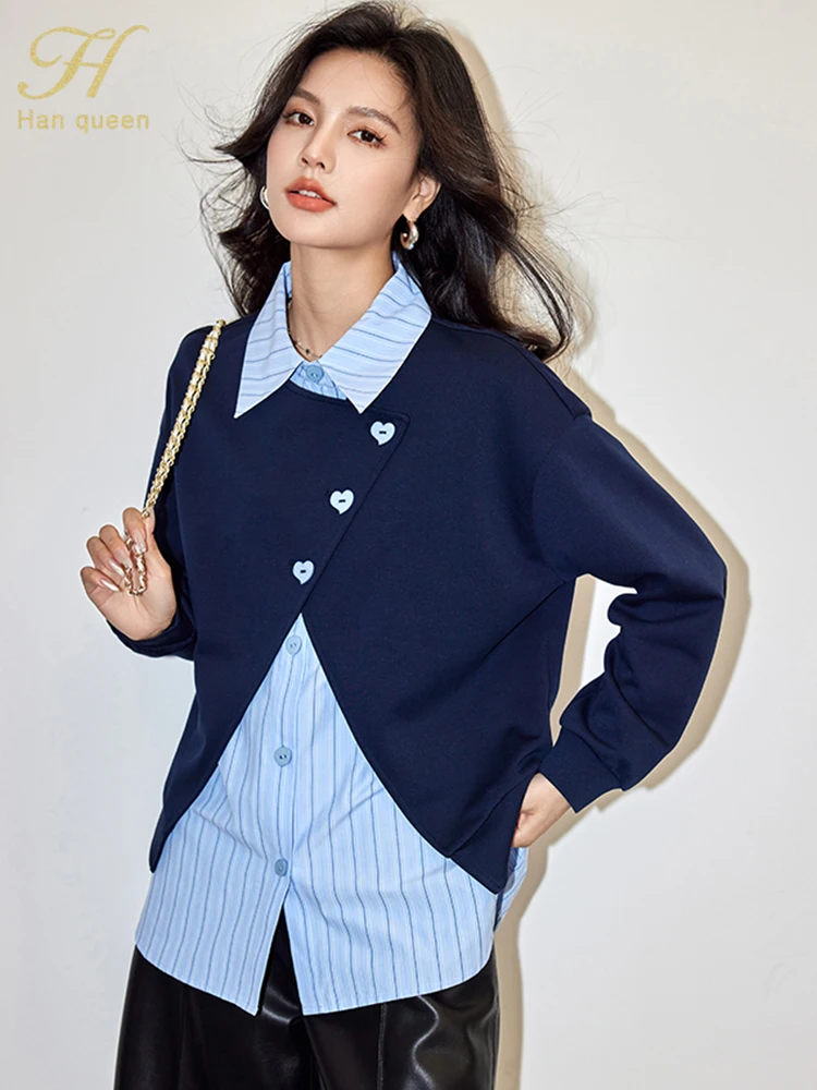 

H Han Queen 2024 Spring Autumn Women Shirts Vintage Splicing Blue Stripes Tops Chiffon Casual Blouse Work Office Woman Clothing