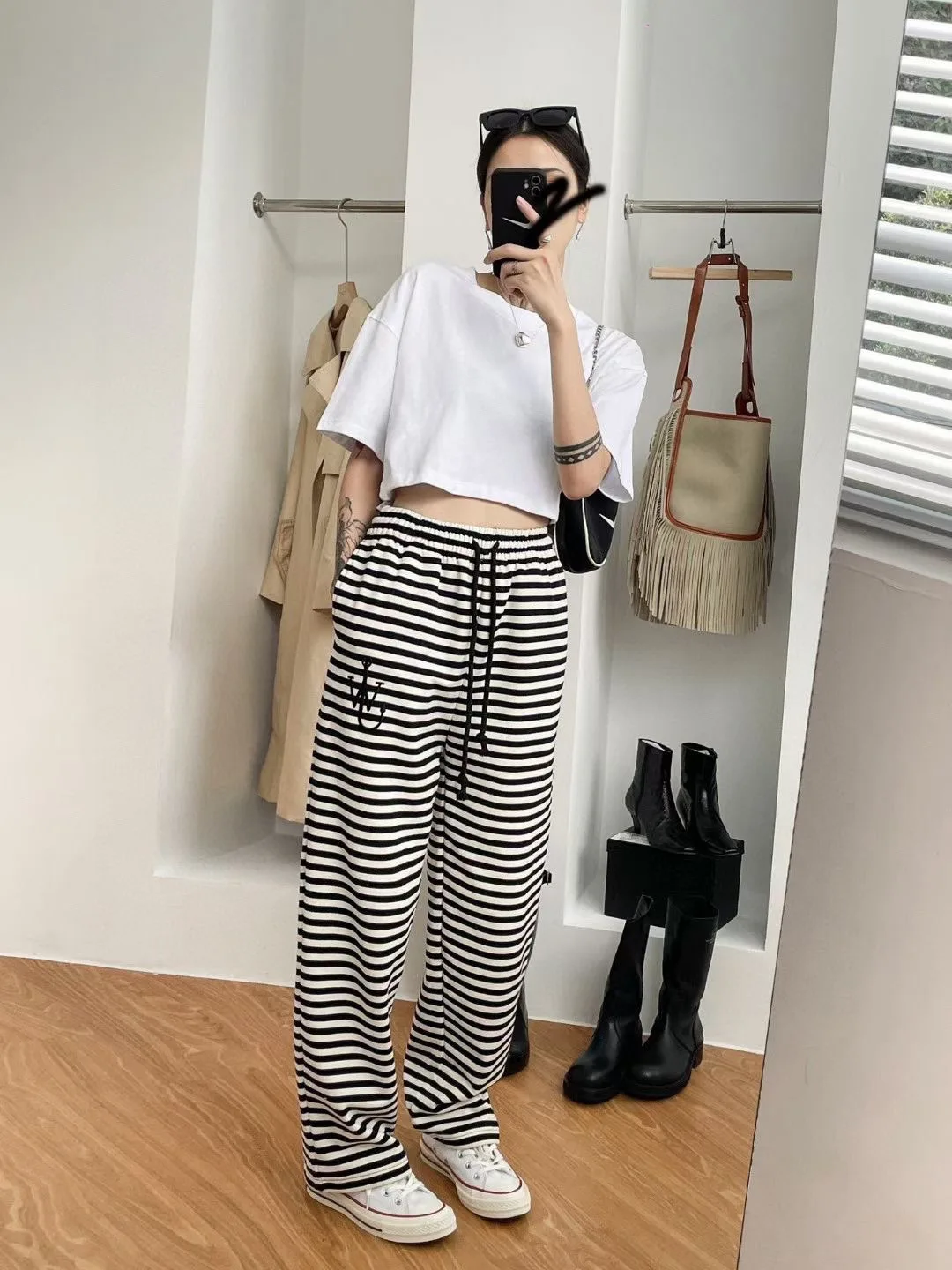 2021 FW Jil Striped Women's Guard Pants Spring and Autumn High Waist Straight Tube Floor Mopping Casual Sports Pants Trend work trousers