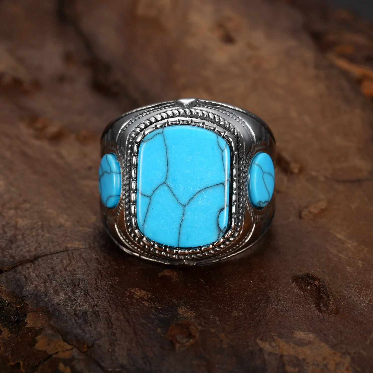 Megin D Stainless Steel Titanium Blue Stone Chalchite Carved Retro Vintage Hip Hop Punk Rings for Men Women Couple Gift Jewelry