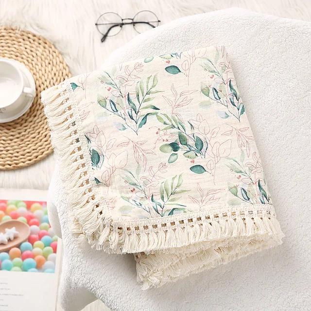 Cotton Muslin Swaddle Blankets for Newborn Baby Tassel Receiving Blanket New Born Swaddle Wrap Infant Sleeping Quilt Bed Cover Green plant