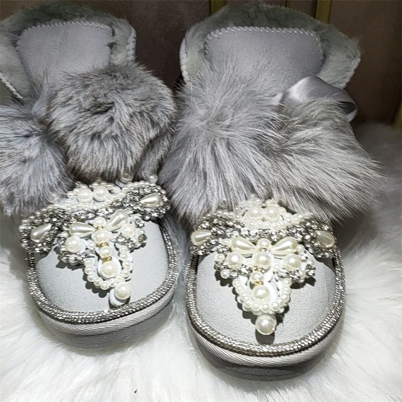 

Winter fleece warm boots Lace lace lace pearl rhinestones handmade custom fur one-piece boots women's large size 35-44