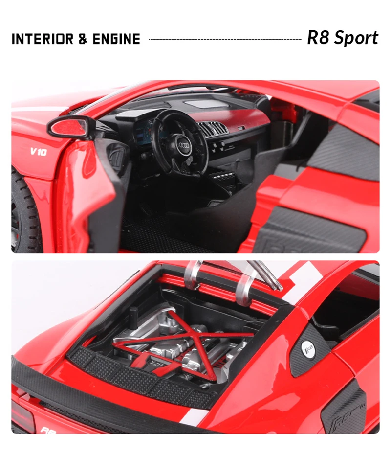 1:24 R8 V10 Plus Alloy Performance Sports Car Model Diecast Metal Toy Racing Car Model High Simulation Sound and Light Kids Gift