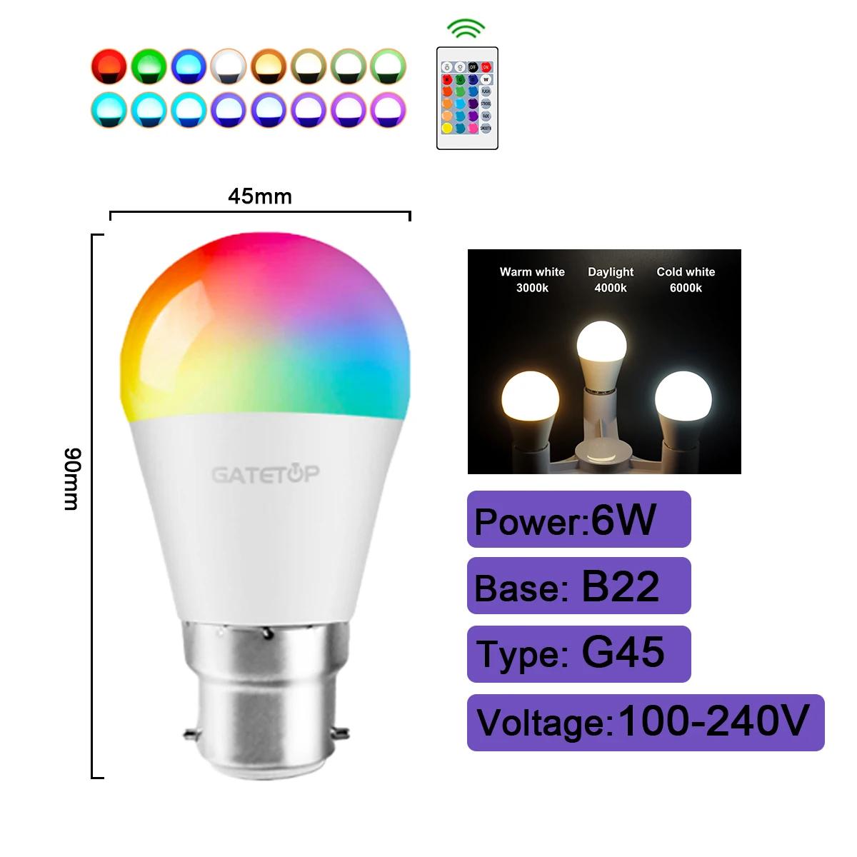ตัวเลือกสินค้า หลอดไฟ RGBW สปอตไลท์ ปรับสีได้ พร้อมรีโมท E27 E14 B22 GU10