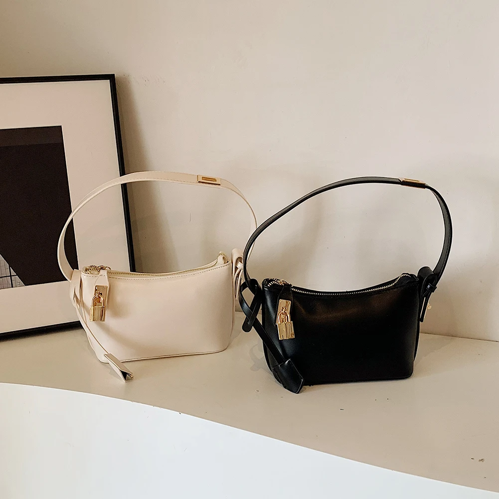 Women Small Shoulder Bag Solid Color PU Leather Leather Underarm Bag Zipper Hobo Tote Handbag with Lock Decor Everyday Purses