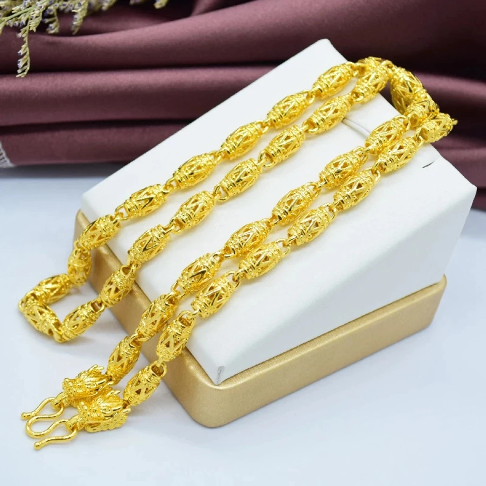 

Unique Hollow W Necklace 18K Gold Olive Beads Chain with Dragon Design Necklace for Men Jewelry 60cm Long