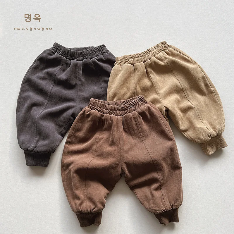

Korean 2024 Winter Children Boy Jogger Pant Cotton Thicken Velvet Warm Kid Boy Trouser Retro Leisure Solid Infant Boy Sweatpant