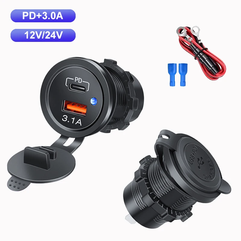 LED 라이트가 있는 PD 3.1A 듀얼 USB 충전기 오토바이 자동차 충전기 파워 소켓 방수형 차량용 트럭 ATV 보트용