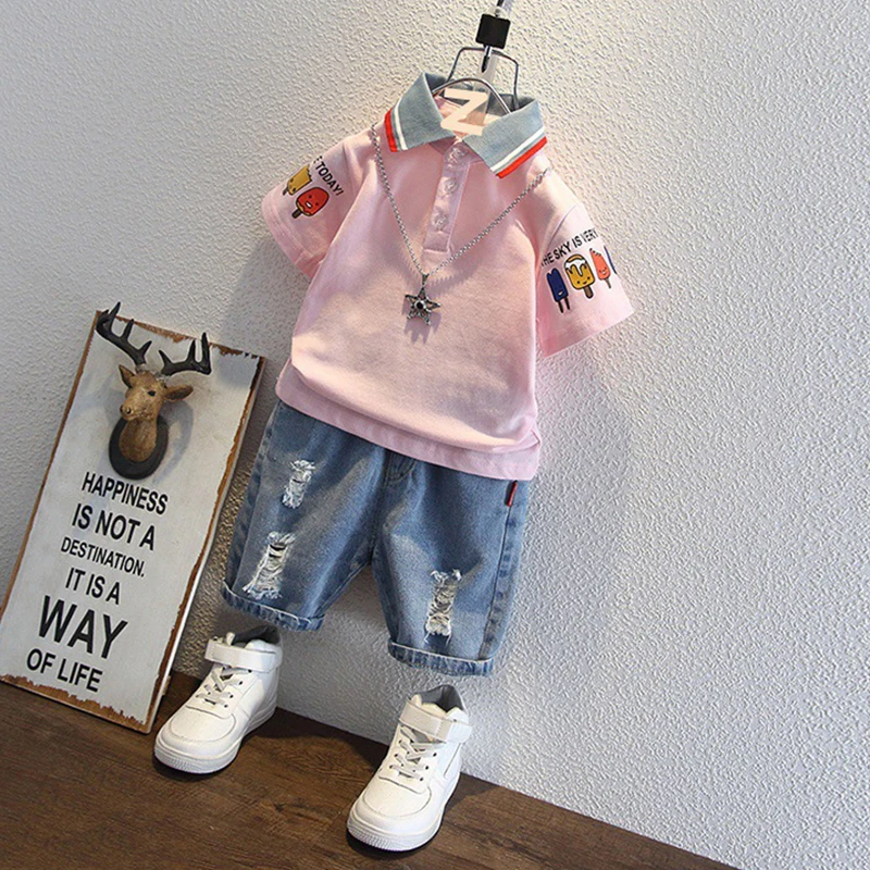 2-10 Years Kids Boys Clothes Set Summer Short Sleeve Cartoon Print Lapel T-shirt And Denim Shorts 2PCS Children Tracksuit Outfit 6