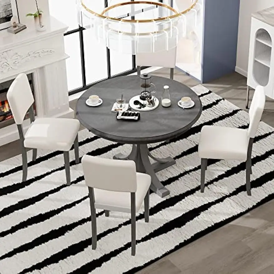 

5-Piece Round, Kitchen Dining Room Sets with Curved Trestle Style Table Legs and 4 Upholstered Chairs, Dark Gray