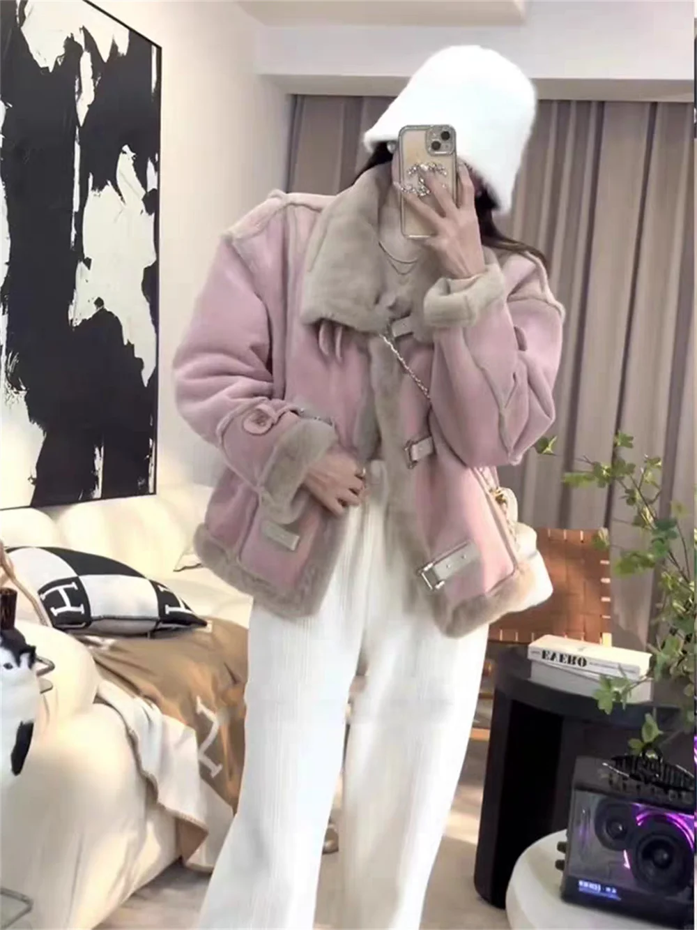 Lamb Wool Motorcycle Jacket for Women's Winter New Imitation Leather  Integrated Retro Short Suede Fur Top 2023