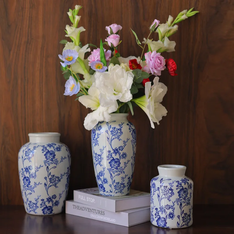Blue and white porcelain vase Jingdezhen vase ceramic high-end ice crack hydroponic home flower vase set 2