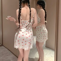 Women's Sexy Sleep Dress Deep V-Neck Cherry Print Lace Adjustable Straps Side Slit Soft for Dates - Image 2