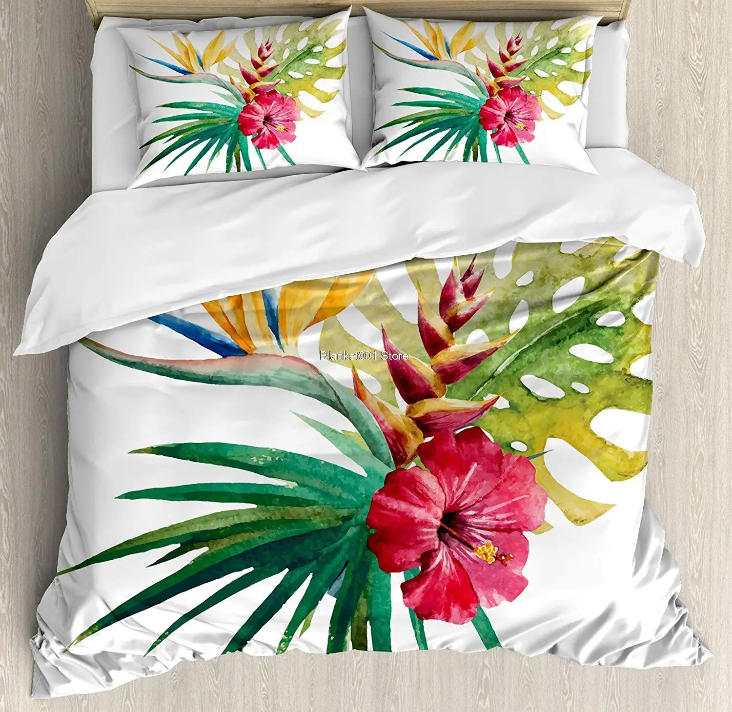 

Floral Duvet Cover Set Wild Tropical Orchid Flower Large Leaves Exotic Tropic Petals Picture Decorative 3 Piece Bedding Set