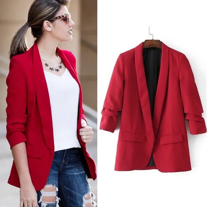 

Female Blazer Red None Button Fold Long Sleeve Office Slim Lady Casual Blazers Blaizer Feminin