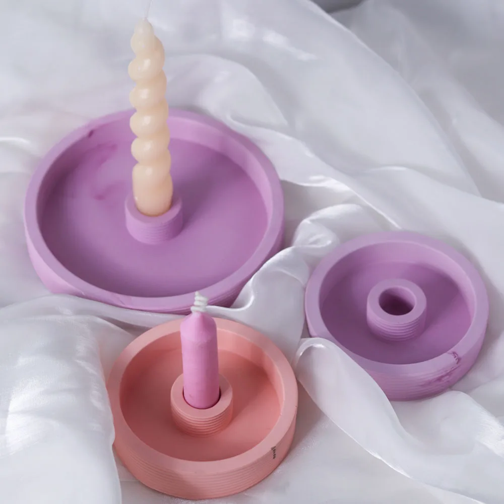 Round Candlestick Silicone Mold DIY Stripe Candle Holder Craft Gift Making Plaster Resin Storage Tray Casting Molds Home Decor