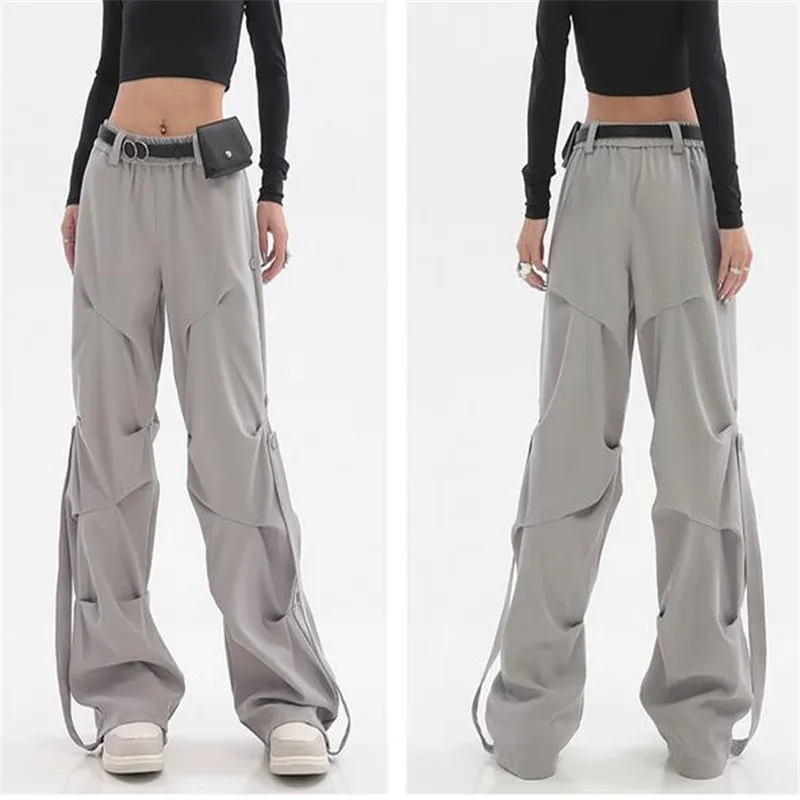 Y2K Casual Women's Wide Leg Elastic Waist Pants  Spring Korean Streetwear Oversized High Waist Joggers Grey Pleated Trousers