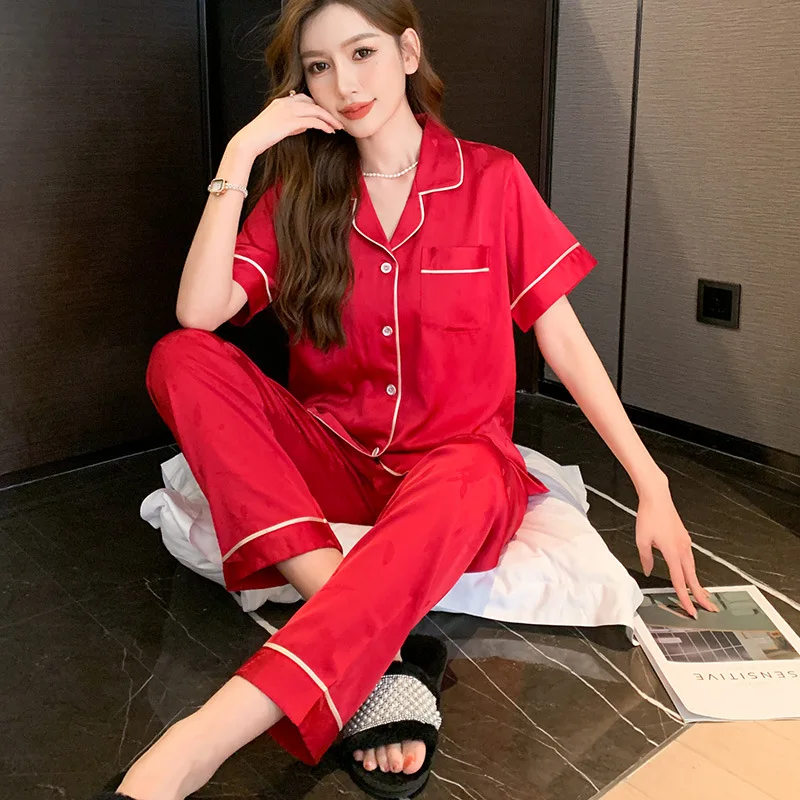 

High Quality Burgundy Satin Pajamas Set Women Two Pieces Sets Sleepwear Short Sleeve Pyjamas Summer Home Clothes