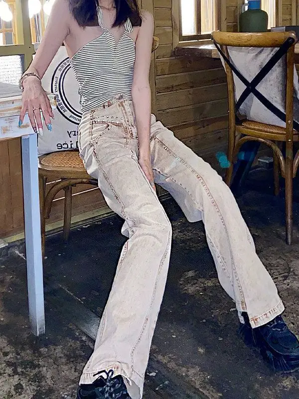 Vintage Beige Jeans Baggy Women Casual Denim Trousers Vintage High Waist Wide Leg Pants Classic Streetwear Fashion Autumn Ladies