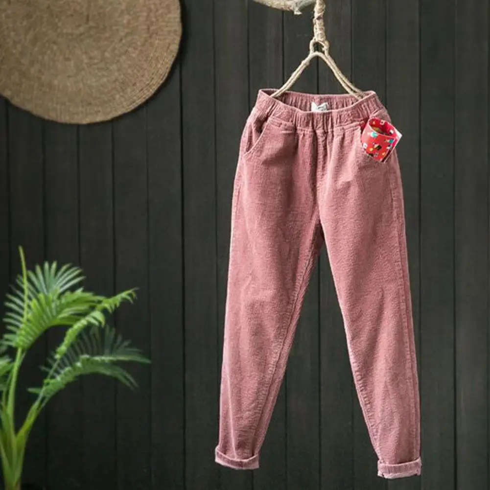 

Women Commuting Pants Comfortable Women's Elastic Waist Ankle Length Harem Pants with Pockets Soft Warm Casual for Ladies