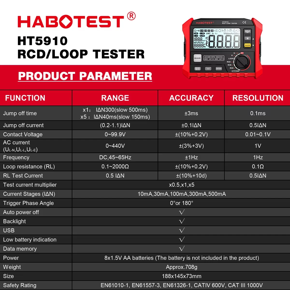 HT5910 Resistance Meter Leakage Switch Tester 4.7inch LCD Digital RCD/Loop Tester 1000 Data Storage Voltmeter Electrician
