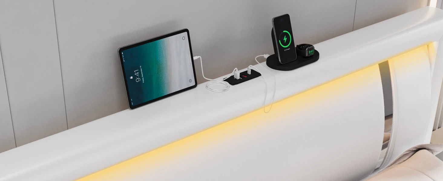 Description Picture 5 of itemFull Size Bed Frame with RGB LED Lights Headboard, 2 Storage Drawers, Upholstered Faux Leather, USB Ports, No Box Spring, White