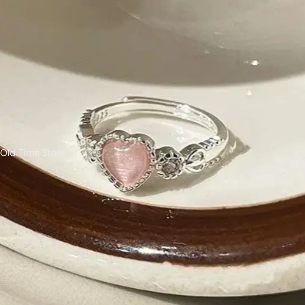 Pink Love Heart Crystal Rings For Women Kpop Love Zircon Open Ring Irregular Aesthetic girl Rings Jewelry