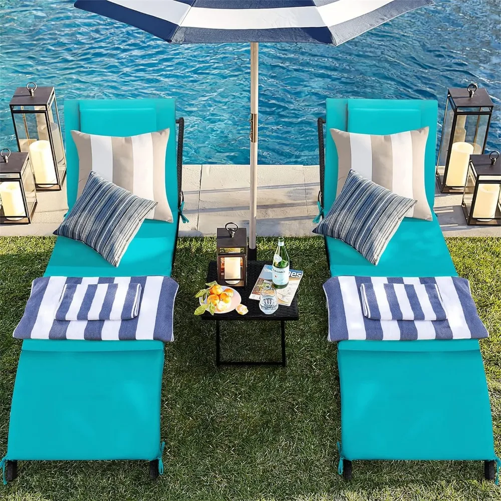 

Chairs for Outside 3 Pieces Patio Adjustable Lounge Outdoor Wicker Lounge Set of 2 with Table Folding Chaise Blue Beach Chairs