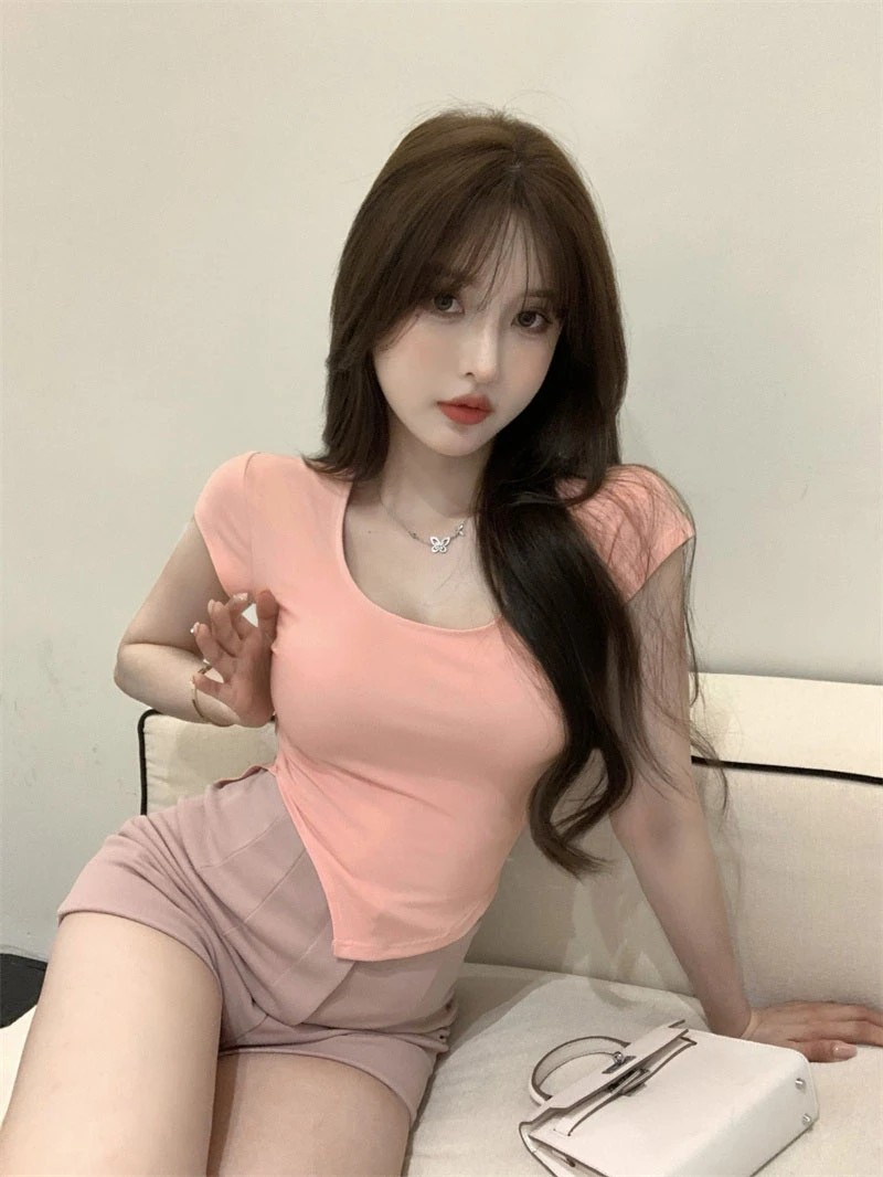 Summer Korean Fashion Y2K T-shirt Woman Japane Crop Top U-neck Split Sexy Red Pink White Tee Shirt Women Vintage767_voghion.com