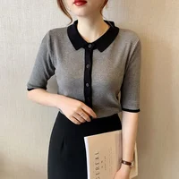 Button T-shirt Woman Short Sleeve Tee Grey Tops Black Polo Neck Shirts For Women Clothing Offer Elegant Hot Trend Aesthetic V - Image 3
