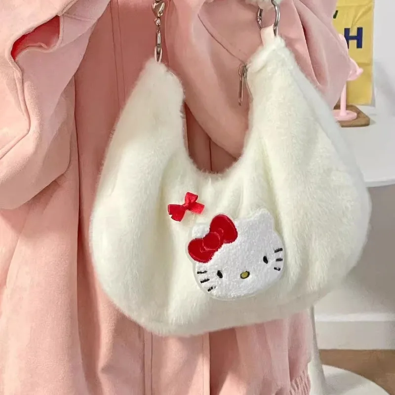 MBTI Hello Kitty Shoulder Bags for Women Trend 2024 White Plush Cute Sweet Handbag Y2k Original Female Fashion Aesthetic Bags