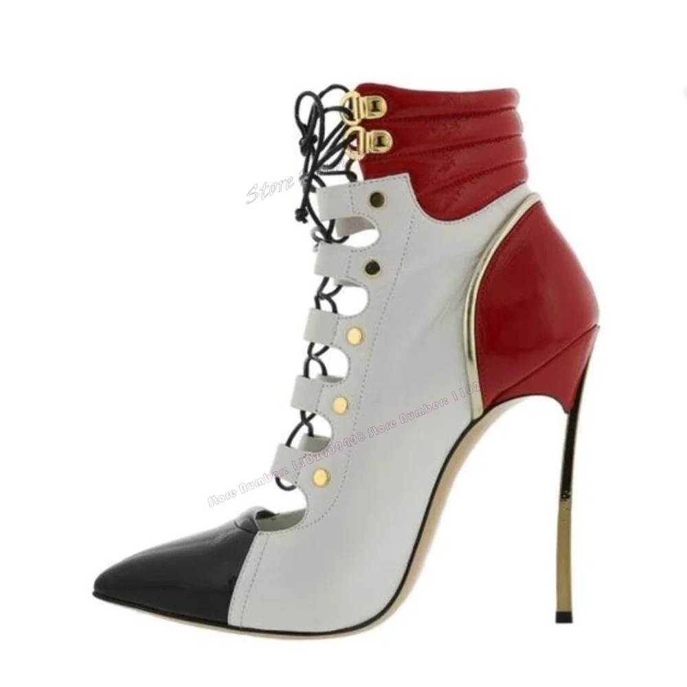 Hollow Out Metal Heel Ankle Boots Patchwork Pointed Toe Shoes for Women Thin High Heels Sexy Lady Shoes 2023 Zapatos Para Mujere