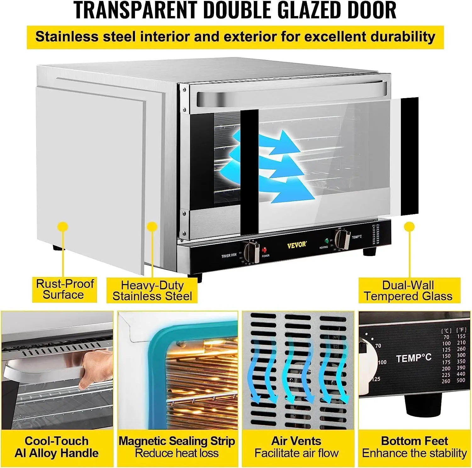 Commercial Convection Oven, 66L/60Qt, Half-Size Conventional Oven Countertop, 1800W 4-Tier Toaster w/Front Glass Door 5