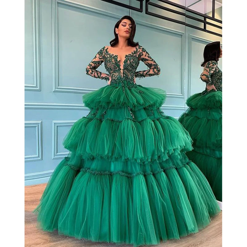 

KSDN Luxury Evening Dress Ball Gown Tiered V-Neck Appliques Long Sleeve Organza Floor Length Formal Party Women Dresses Vestidos