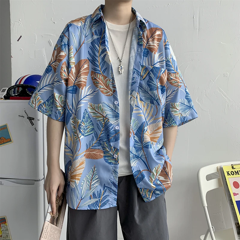 Summer Streetwear Men Loose Leaf Print Beach Short Sleeve Shirt Harajuku Hawaii Vacation Quick Dry Aloha Tops Tropical Shirts